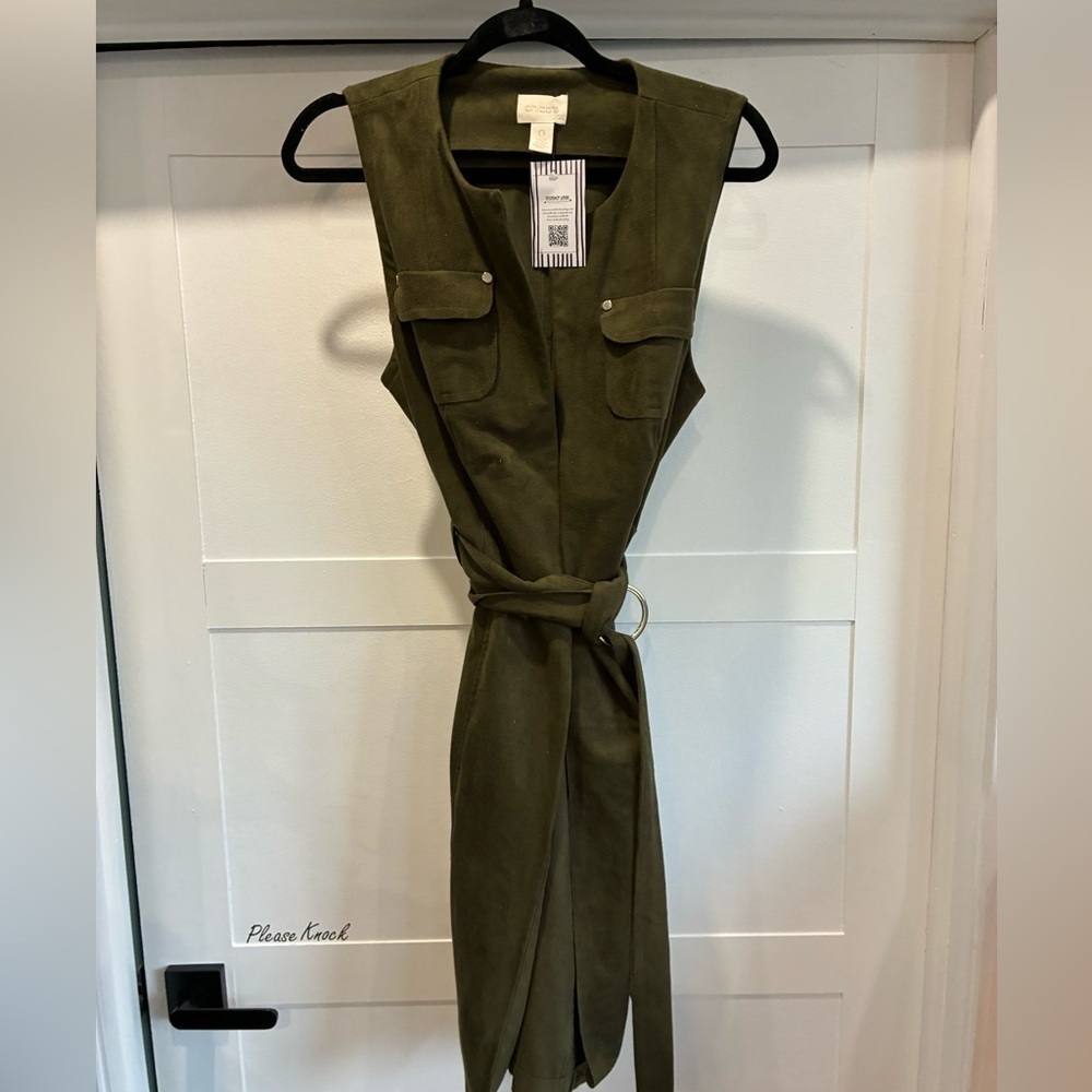 Chicos green suede sleeveless dress with gold ring belt size 0